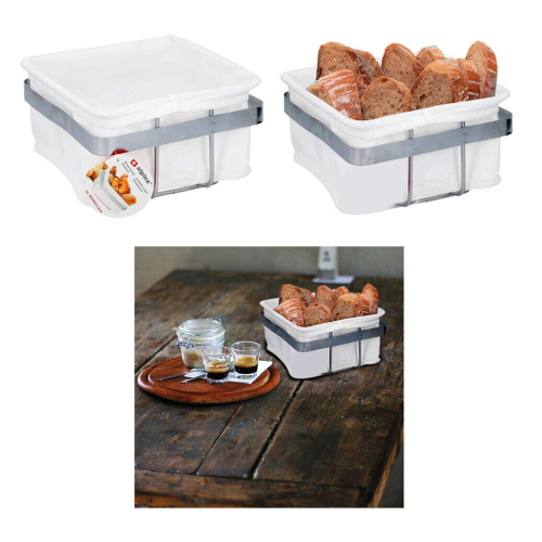 Alpina Bread Basket Food Serving Storage Hamper Metal White Fabric Square