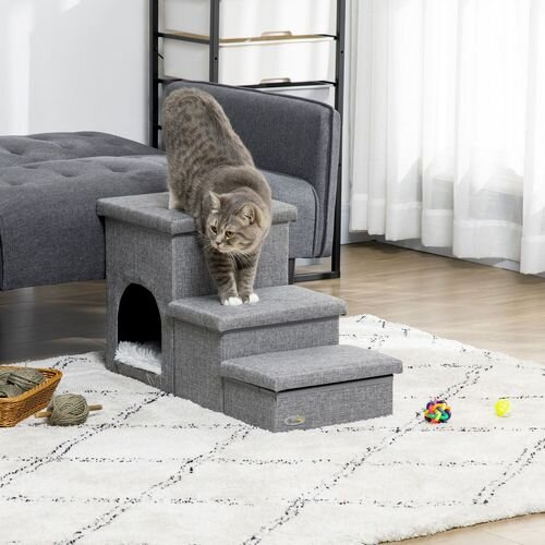 3 Step Stairs Dog Steps Bed Cat House Storage Boxes Sofa Pet Climb Grey 1
