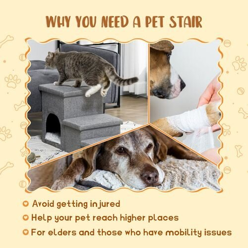3 Step Stairs Dog Steps Bed Cat House Storage Boxes Sofa Pet Climb Grey 2