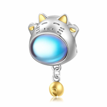 925 Sterling Silver Moonlight Stone Animal Gift Pink Rabbit Cat Pendant fit DIY Charms Bracelet & Bangle Fine Jewelry