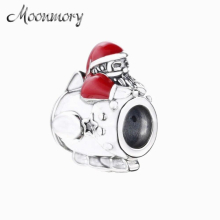 100% Real 925 Sterling Silver Summer Red Enamel Santa In Space Christmas Men Charms Beads For Jewelry Making