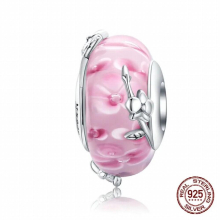 925 sterling silver pink glass crystal beads pendant fit 3MM bracelet charm jewelry girl