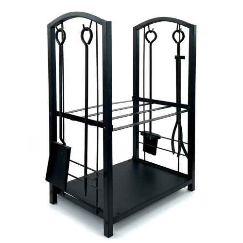 Firewood 2 Tier Rack Log Holder Wood Storage with Hooks 4 Tools Black 2