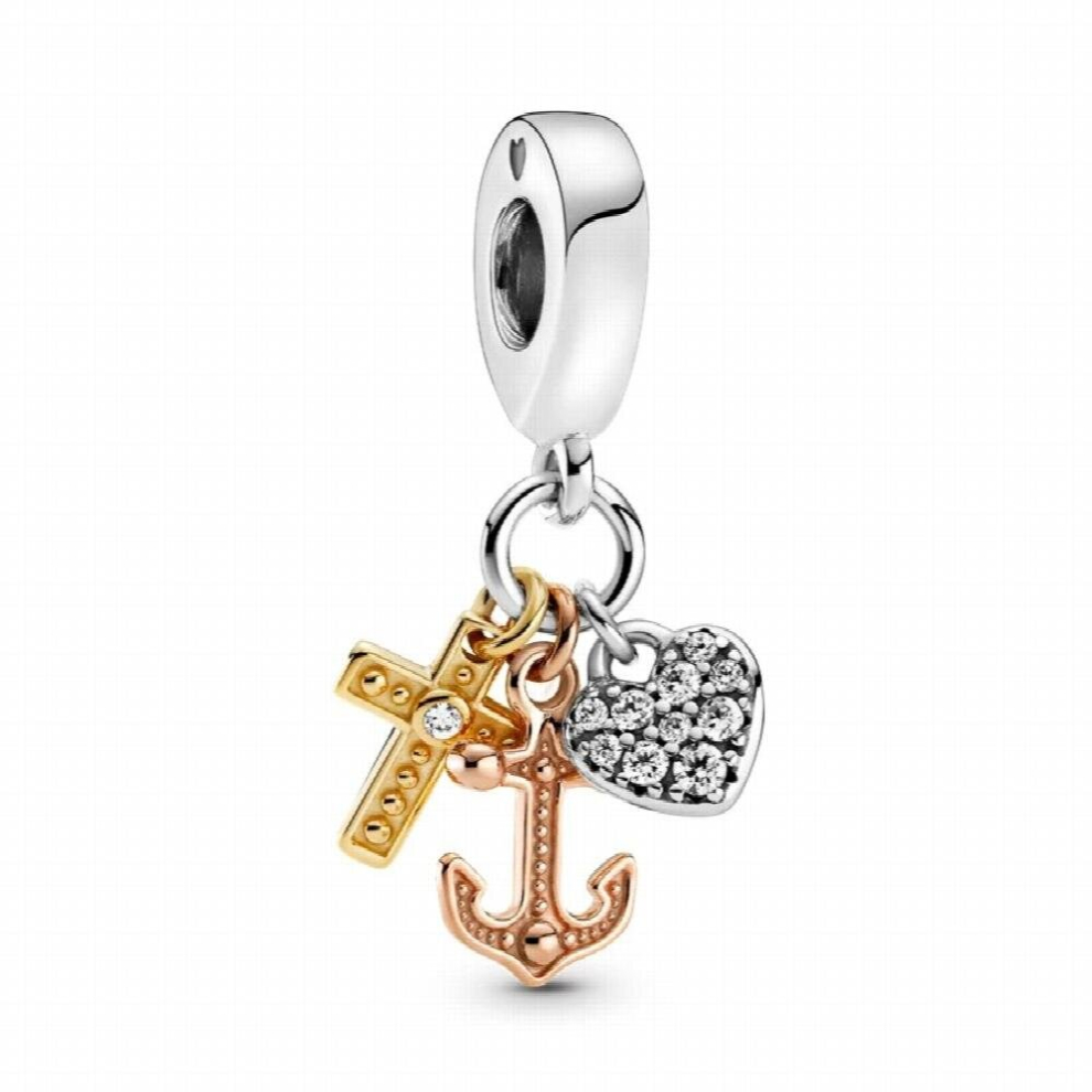 Fits Europe Bracelet Triple-tone Cross, Heart, & Anchor Dangle Beads for Jewelry Making 925 Sterling Silver Women Charms Kralen