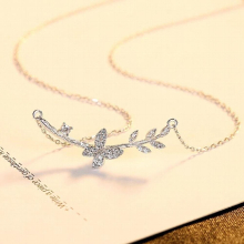 Olive Leaf 925 Sterling Silver Pendants Delicate Butterfly Cubic Zirconia Chain Necklace Clear CZ Paved Girl Jewelry Gift