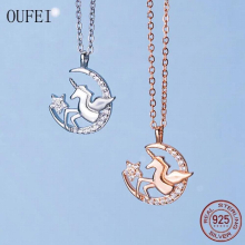 Unicorn Necklace Rose Lovely 925 Sterling Silver Necklace Chain Pendant Moon And Star Zircon Fine Jewelry Girl Gift