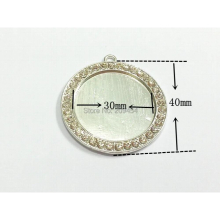 40mm 10pcs/lot Silvery Plated Blank With Clear Rhinestone Pendant Trays (Fit 30mm Cobochon) For Chunky Pendants Making !