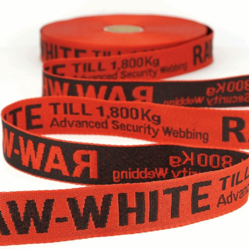 Stephanoise 25mm Jacquard Security Strap Webbing Tape Black on Red - per metre