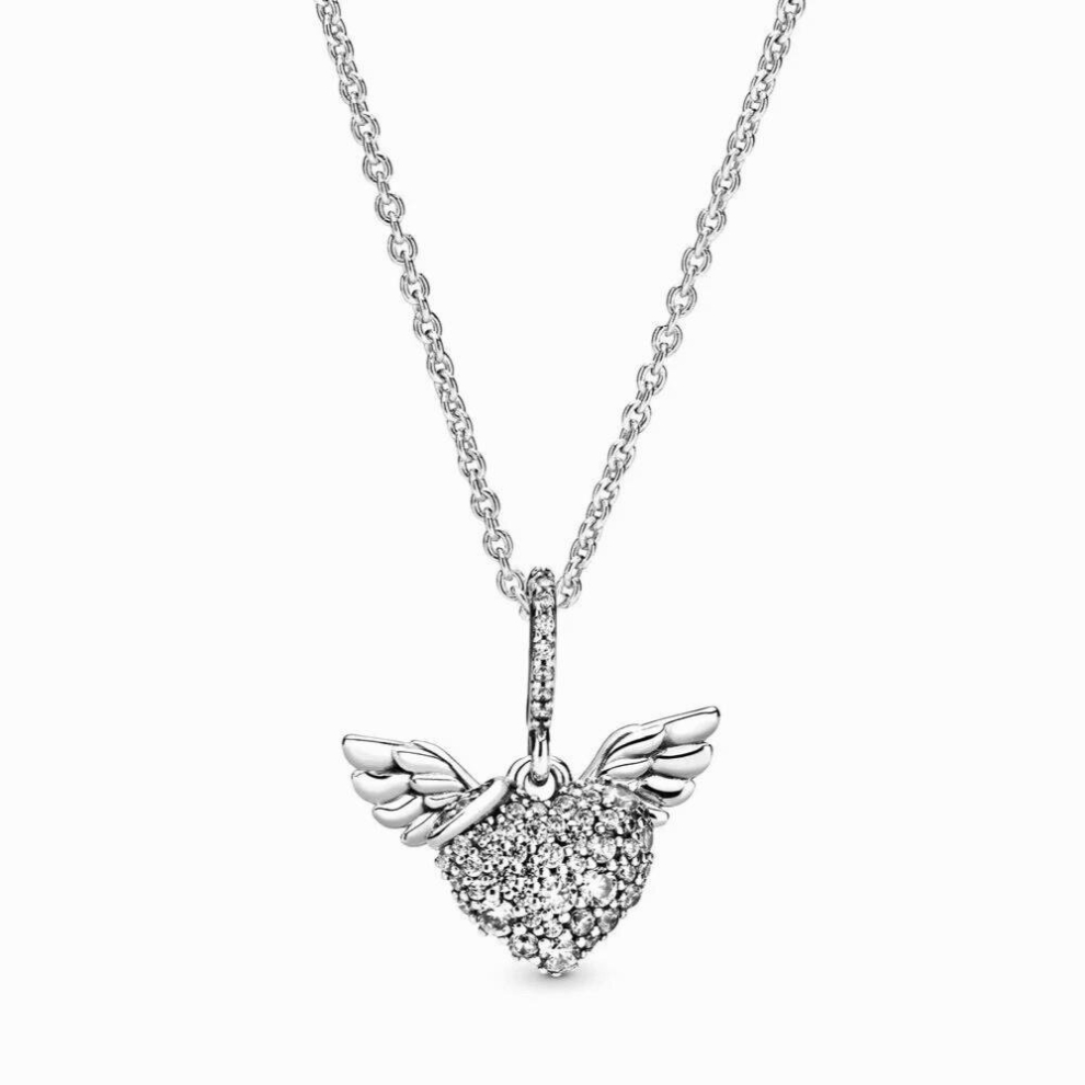 Pave Heart & Angel Wings Necklace For Women 925 Sterling Silver Bead Charm Necklace Jewelry Multicoloured