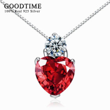 Real 925 Sterling Silver Jewelry Necklaces & Pendants Women Red Crystal Heart Pendant Gift For Girl