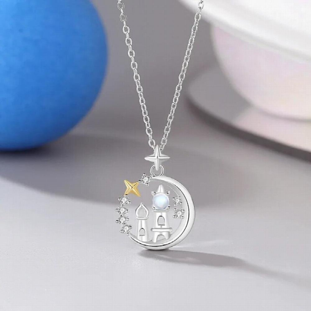 925 Sterling Silver Moonstone Star Moon Castle Pendant Necklace Women Platinum Plating Fine Jewelry-image-OPC-PCVTMCV-NEW