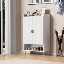 (White) Wooden Modern Slim 2 Door 4 Tier Shoe Cabinet Tidy Organiser Hallway Furniture Cupboard