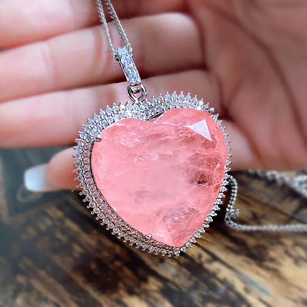 32*32mm Heart Pink Crystal Tourmaline Created Moissanite Gemstone Pendant Necklace for Women Fine Jewelry Anniversary Gift-image-OPC-PCVTQZ2-NEW