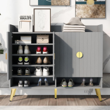 (Grey) Wooden Modern Slim 4 Door 5 Tier Shoe Cabinet Tidy Organizer Hallway Furniture Console