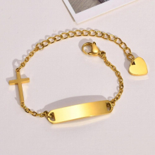Personalized Baby Stainless Steel ID Bracelet With Cross 14k Plated, Nameplated Baptism Children Newborn Gift