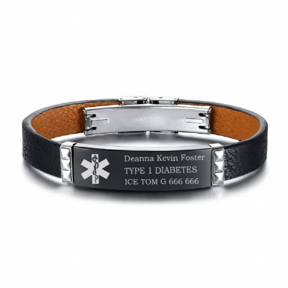 Multicoloured Medical Alert Id Bracelet Tag Geruine Leather Diabetes Emergency Jewelry