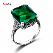 Szjinao 1 Pcs Geometry Real 925 Sterling Silver Ring Green Emerald Mosaic Vintage wedding Fine Jewelry