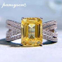 100% 925 Sterling Silver 7x9MM Emerald Cut Citrine High Carbon Diamond Gemstone Finger Ring Cocktail Party Fine Jewelry