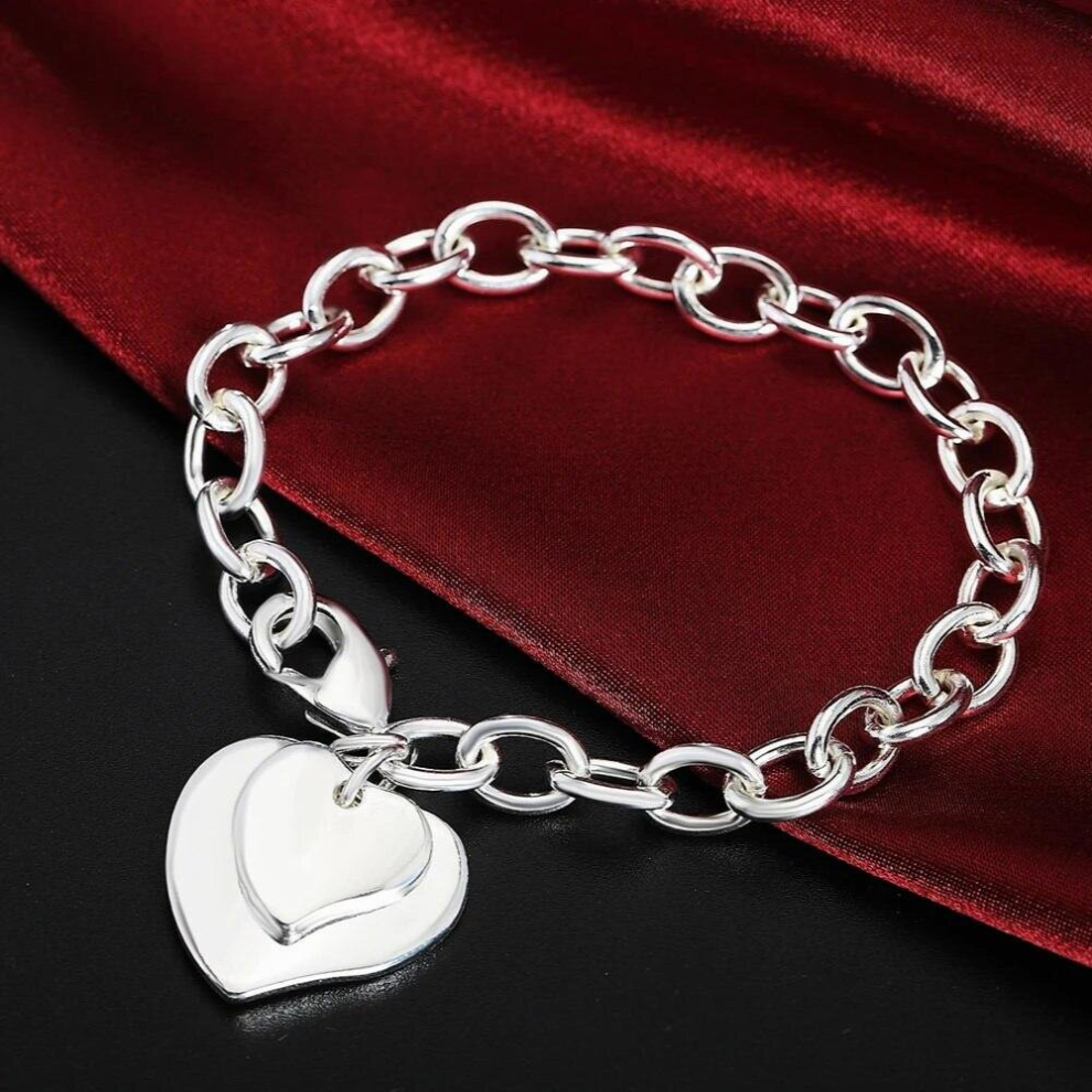 Hot 925 Sterling silver Bracelets for women hanging Double Heart chain Wedding party lady Jewelry-image-OPC-PCVVKXQ-NEW