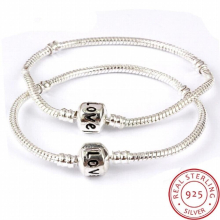 925 Solid Silver Snake Chain Charm Bracelet With Love Stamped 16-23cm Long Charm Bead Bracelet For Women
