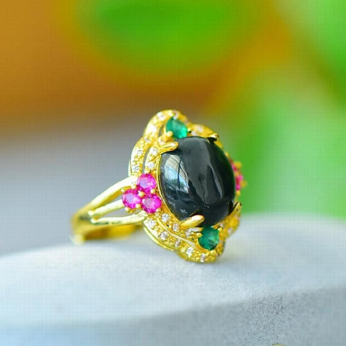 Natural Hetian Jade Rings With Zircon Ruby Emerald Chinese Nephrite Ring Adjustable 2
