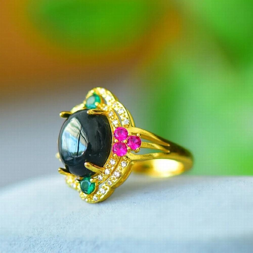 Natural Hetian Jade Rings With Zircon Ruby Emerald Chinese Nephrite Ring Adjustable 1