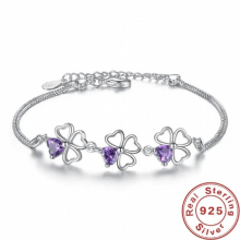 High 925 Sterling Silver Lucky Four Leaf Clover Charm Bracelet Purple Crystal Link Chain Bracelet for Women Jewelry Gift