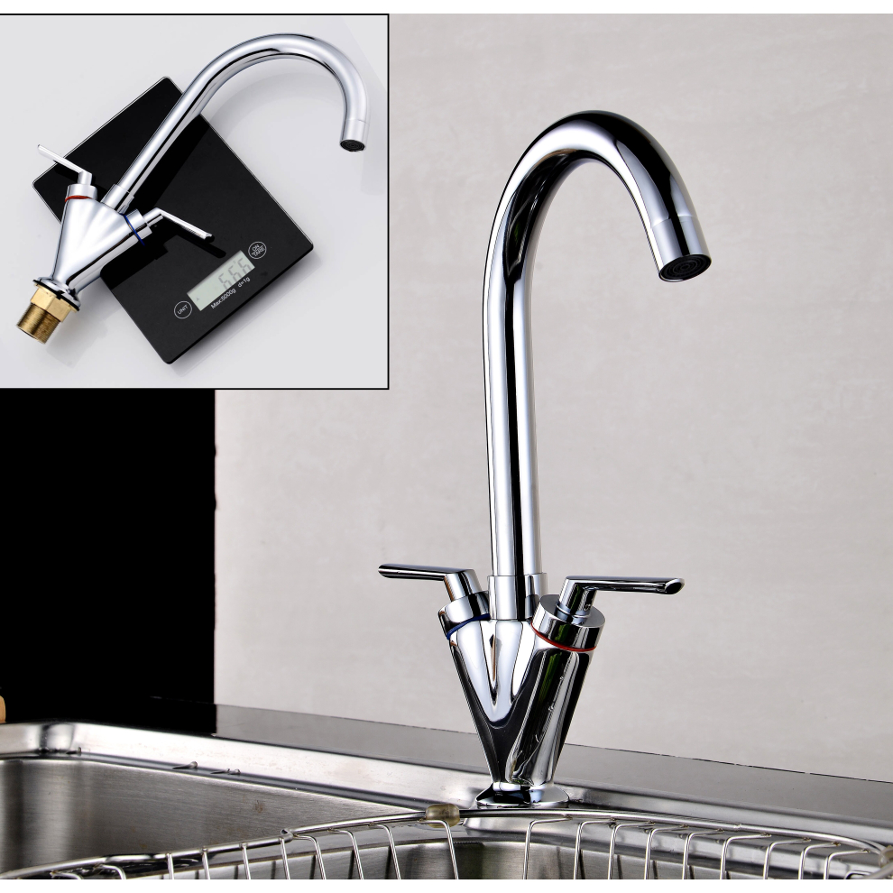 Kitchen Faucet Dual Handle Basin Sink Mixer Tap Solid Brass Construction Swivel Spout 360 Degree Chrome Plated with Hoses