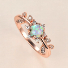 Female Round Opal Ring Charm Rose Thin Wedding Rings For Women Bride Crystal Leaf Engagement Ring