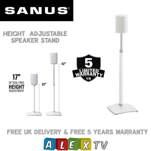 SANUS WSSE1A1 White Single Height-Adjustable Speaker Stand For Sonos Era 100