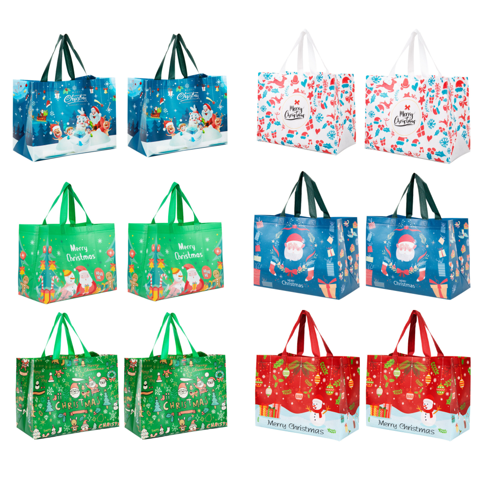 (Christmas Bag 12 PACK - 6 Assorted Designs) Christmas Gift Bags Presents with Carrying Handles