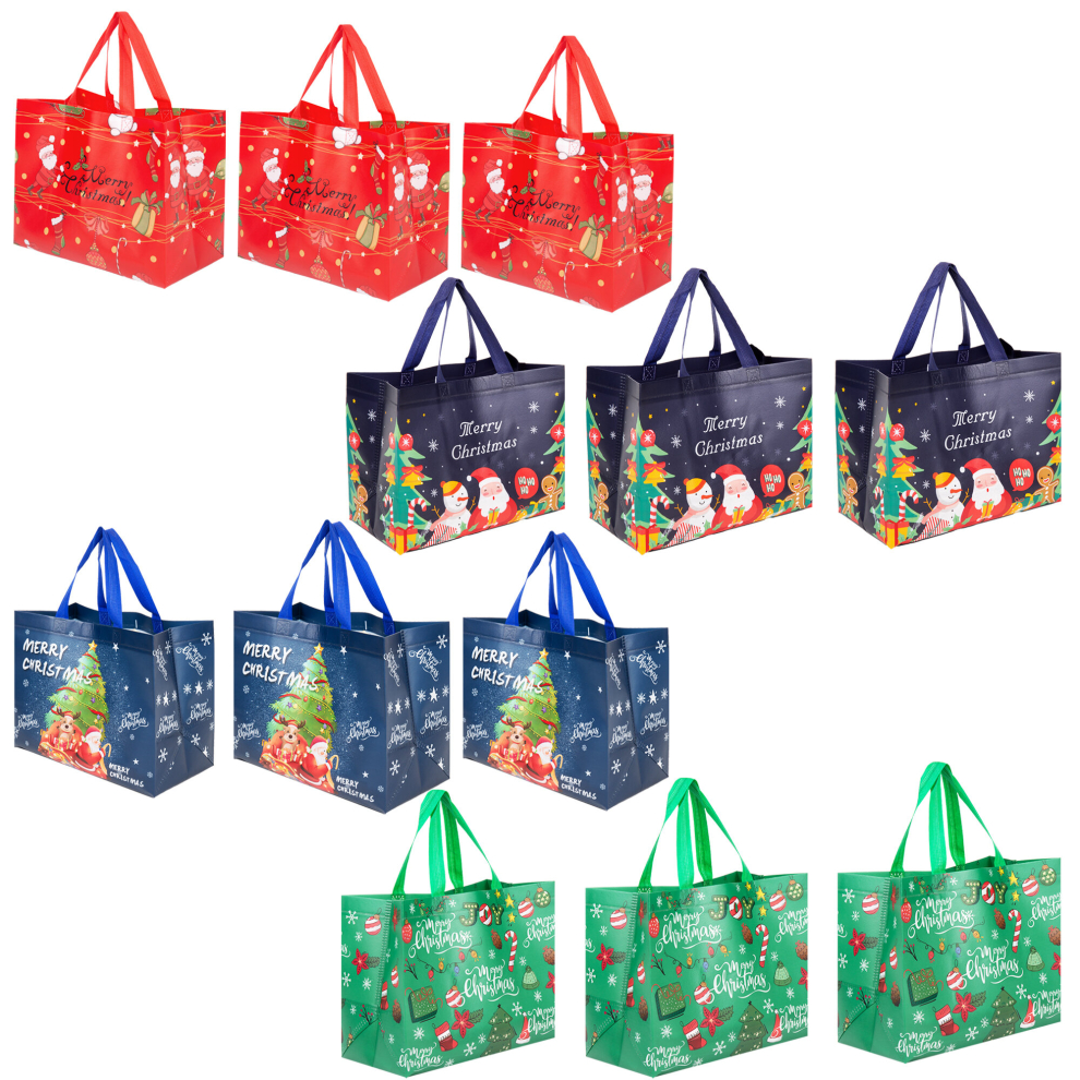 (Christmas Bag 12 PACK - 4 Assorted Designs) Christmas Gift Bags Presents with Carrying Handles