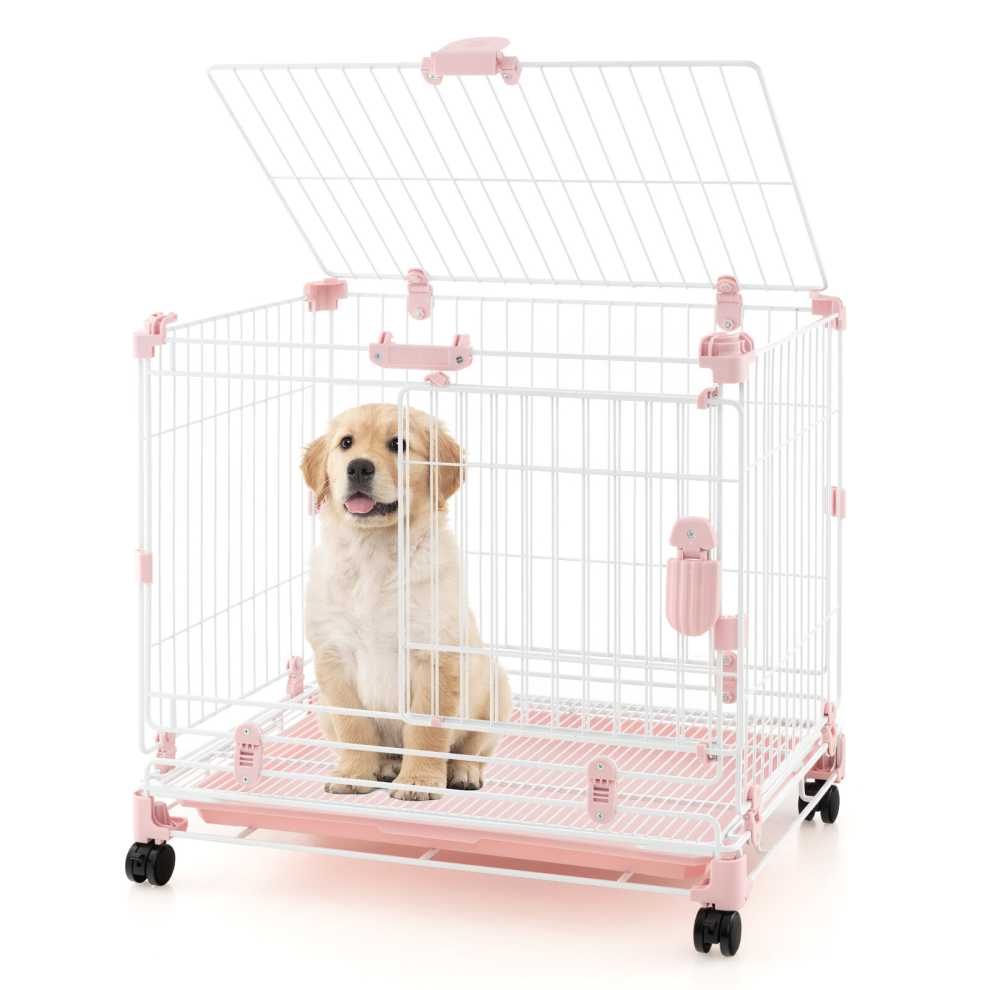 Folding Dog Kennel Metal Wire Dog Crate Cage w/Lockable Wheels & Doors