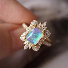 Female Square Opal Ring Classic Thin Engagement Ring Charm Crystal Crown Stone Wedding Rings For Women