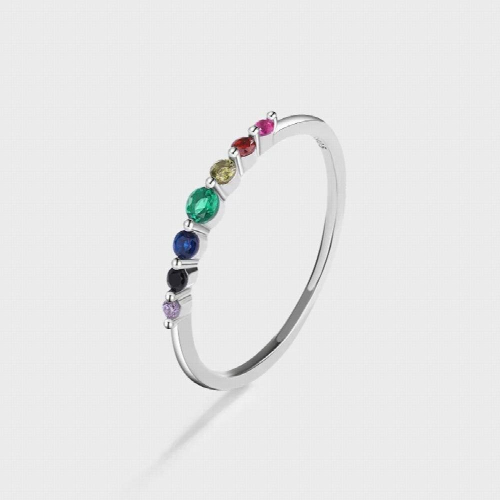 Classic Rainbow Ruby Emerald Single Row Full Diamond Zircon Ladys Ring S925 Sterling Silver Jewelry Gift