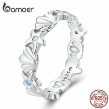 925 Sterling Silver Opal Starfish and Shell Finger Ring Platinum Plated for Women Fine Jewelry BSR430
