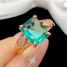 Peacock Green Austrian Crystal Square Emerald Gemstones Diamonds Rings for Women 18k Rose Filled Jewelry Bands Bijoux