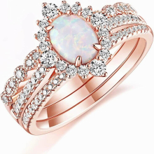 Trumium 3Pcs Rose Stackable Rings 1.5CT Oval Bridal Ring Sets Opal Knuckle Ring Engagement CZ Wedding Band for Women