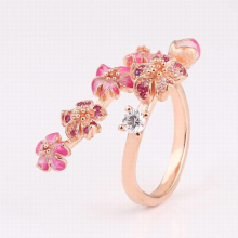 S925 Silver Rose Enamel Peach Blossom With Crystal Ring For Women Wedding Party Gift fit Lady Fine Jewelry