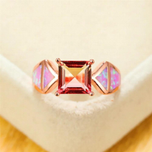 Vintage Rose Wedding Ring Charm Pink Opal Engagement Ring Classic Female Square Crystal Rainbow Stone Rings For Women