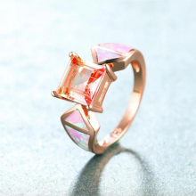 Female Square Crystal Rainbow Stone Ring Charm Pink Opal Engagement Ring Vintage Rose Wedding Rings For Women