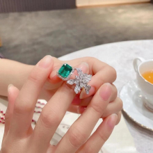 Ring Silver Flower Lab Emerald Adjustable Rings for Women Wedding Birthday Gift
