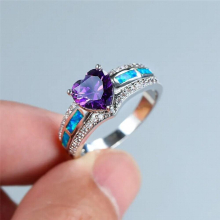 Vintage Female Purple Love Heart Crystal Ring Silver Wedding Rings For Women Bridal Opal Engagement Ring