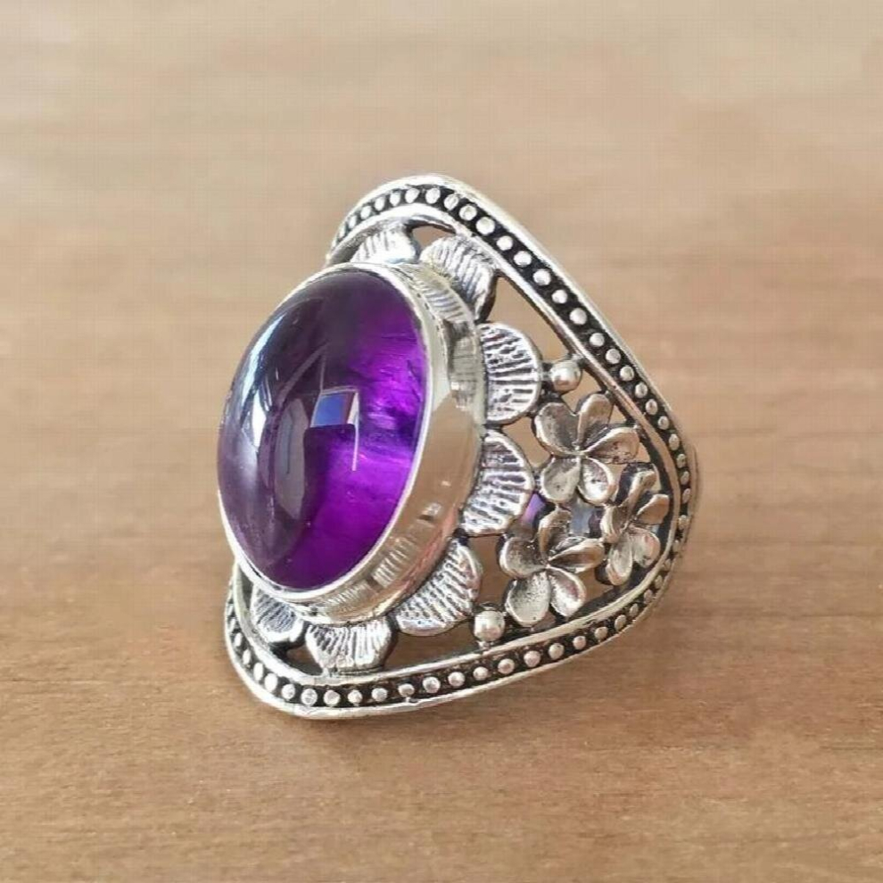 Silver Amethyst Hand Carved Flower Cutout Rings for Women Bride Wedding Engagement Ring Birthday Party Gift Jewelr-image-OPC-PCVXD79-NEW