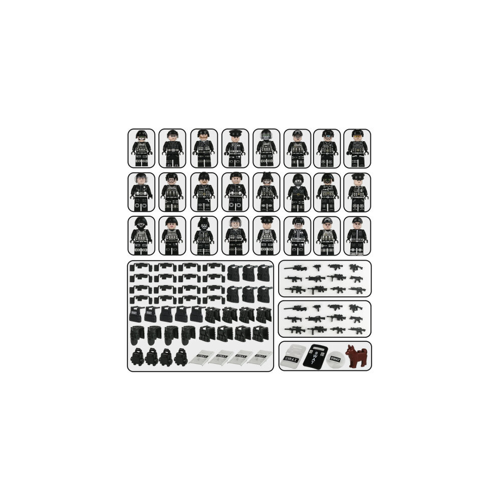(Style D 24Pcs) Military Soldiers Swat Jeeps Minifigures Toys Fit Lego Black