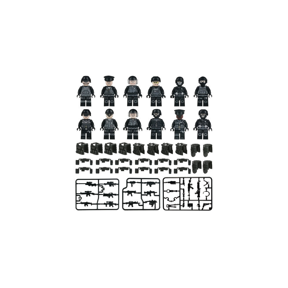 (Style F 12Pcs) Military Soldiers Swat Jeeps Minifigures Toys Fit Lego Black