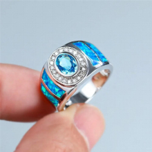 Dainty Female Aqua Crystal Ring Vintage Opal Silver Wedding Rings For Women Oval Big Engagement Ring
