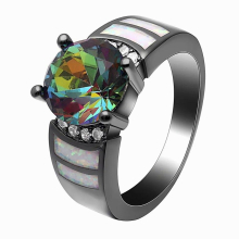 Mysterious Rainbow Opal Ring Gorgerous Jewelry Wedding Party Big Zircon Multi-colorYellow Rings For Women