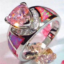 Unique Style Female Pink Fire Opal Ring Silver Triangle Ring Wedding Band Promise Engagement Rings For Women