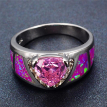 Female Pink Fire Opal Stone Ring Unique Silver Triangle Wedding Band Ring Promise Engagement Rings For Women
